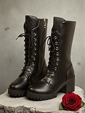 abordables Bottes à la mode-Bottes mi-mollet noires à lacets pour femmes, bottes à talons épais de style punk gothique pour un style décontracté, une soirée et un style streetwear