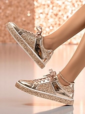 billiga Damsneakers-Damsneakers med guldfärgad glitter – glänsande snörskor med glittrig design för nattliv, klubbar och fester