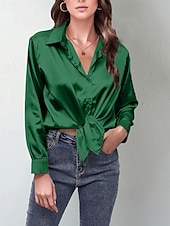  Mulheres Camisa Social Elegant Elegante Top de cetim Botões Côr Sólida à moda Casual Manga Longa Colarinho de Camisa Tops regulares Diário Para Noite Azul Verde Claro Rosa Camelo Verde Primavera