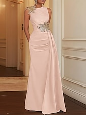 tanie Suknie balowe na wieczór-Suknia Wieczorowa Sheath Elegancka Sukienka Formalna Długość do Podłogi Bez Rękawów Dekolt w Kształcie Klejnotu Kieszeń Satynowa z Haftem