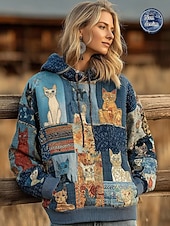 Women's Pullover Hoodie Sweatshirt Graphic Geometric Cat Vintage Casual Boho Long Sleeve Hooded Regular Tops Street Dailywear Patchwork Print Front Pocket Blue Spring Fall Winter3