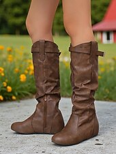 levne Slouch Boots-Dámské Boty Slouchy boty Jezdecké boty Denní Boty do lýtka Přezky Skryté pata Oblá špička Na běžné nošení Denim Umělá kůže Zip Fialová Světle hnědá Tmavěhnědá