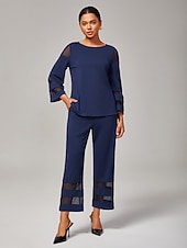 billige Todelt sett-dame marineblå modal chiffon matchende sett tettsittende bluse beskårne bukser elegant stilig komfortabel daglig arbeidskveldsklær høst