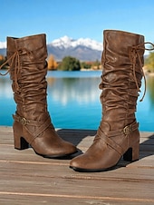 Недорогие Сапоги-слаучи-Женские коричневые сапоги из искусственной кожи с застежкой-молнией сбоку и ремешком с пряжкой, винтажные повседневные сапоги на блочном каблуке для осени, зимы, улицы и повседневной носки