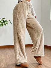 baratos perna larga e cintura alta-Mulheres Atrevido chinês Casual Comprimento total Cintura Média Tecido Design de cordão elástico Térmico / Quente Com Stretch Ao ar livre Férias Rua Camelo Adamascado Cinzento Preto Inverno Ajuste