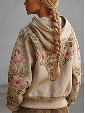 abordables Hauts Floraux-Femmes Sweats à capuche zippés Fleuri Graphique Élégant Chaud ancien manche longue À capuche Hauts Réguliers Rue Tenue Quotidienne Patchwork Fermeture éclair Avec Poches Vert Kaki Printemps Automne