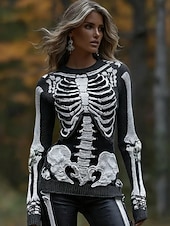 billige Grafiske mønstre og detaljer-Kvinners Genser Søtt Gateklær Løs Grafisk Skjelett Rund U-hals Patchwork Strikket Lang Erm Vanlige Topp Strikk Svart Rød Høst Vinter