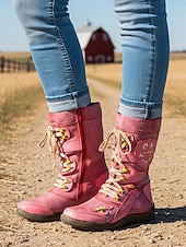 abordables Botas de combate-Botas de combate rojas con cordones a media pantorrilla para mujer con forro polar, estilo rústico vintage, cómodas botas hechas a mano para atuendos casuales y ropa de invierno al aire libre.