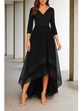 preiswerte Lässige / Tageshochzeit-High-Low-Kleid Brautkleider A-Linie V-Ausschnitt 3/4-Ärmel Teelänge Stretchstoff Brautkleider mit Rüschen 2025