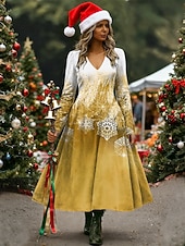abordables Robes de Noël-Noël Femmes Robe Midi Robe trapèze Vacances Occasionnel Quotidien Coupe régulière Fleuri Graphique manche longue Col en V Jaune Rouge Bleu Vert Printemps Automne Hiver