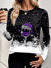 クリスマス 女性用 Tシャツ グラフィック スノーフレーク柄 ワイングラス ファッション カジュアル 長袖 クルーネック ラウンドネック レギュラートップス 日常 週末 プリント ルビーレッド ブルー パープル グリーン 夏 春 秋 冬 お買い得  クリスマストップス-クリスマス 女性用 Tシャツ グラフィック スノーフレーク柄 ワイングラス ファッション カジュアル 長袖 クルーネック ラウンドネック レギュラートップス 日常 週末 プリント ルビーレッド ブルー パープル グリーン 夏 春 秋 冬