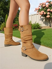 ieftine Cizme Slouch-Ghete largi pentru femei cu barete cu cataramă până la jumătatea gambei – ghete de iarnă în stil vintage din piele întoarsă pentru ținute casual și modă de toamnă