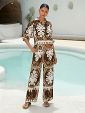 preiswerte Blusen-Damen Weiblich Blumenmuster Lässig Armeegrün Bestickt 3/4 Ärmel Elegant Bohemien Urlaub Hemdkragen Sommer Frühling