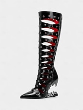cheap Fashion Boots-Women's Gothic Cutout Knee-High Heels with Spiked Sculptural Wedge - Black Punk Fetish Boots for Halloween, Cosplay and Alternative Fashion Parties