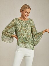 cheap Shirts,Tops &amp; Blouses-Women&#039;s Blouse Green Paisley Floral Layered 3/4 Sleeve Loose Fit Round Boat Neck Casual Elegant Spring Summer