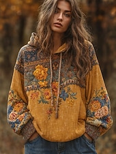 女性用 プルオーバー フーディー スウェットシャツ フラワー グラフィック エレガント あたたか 活発的 長袖 フード付き レギュラートップス ストリート 日常着 カジュアル パッチワーク プリント イエロー ピンク ブルー ライトパープル パープル 春 秋 冬 お買い得  フローラルトップス-女性用 プルオーバー フーディー スウェットシャツ フラワー グラフィック エレガント あたたか 活発的 長袖 フード付き レギュラートップス ストリート 日常着 カジュアル パッチワーク プリント イエロー ピンク ブルー ライトパープル パープル 春 秋 冬