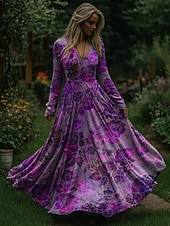 economico Abiti floreali-Natale Per donna Abito maxi Abito Pieghettato Festa Casual Boho Quotidiano Data Uscire Vestibilità regolare Floreale Manica Lunga Scollo a V Blu Viola Arancione Primavera Autunno Inverno