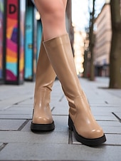 女性用ブラウンニーハイフェイクレザーブーツ - 秋のファッション、学校、アウトドアに最適なモダンスタイルのローヒール乗馬ブーツ お買い得  乗馬ブーツ(じょうばブーツ)-女性用ブラウンニーハイフェイクレザーブーツ - 秋のファッション、学校、アウトドアに最適なモダンスタイルのローヒール乗馬ブーツ