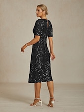  בגדי ריקוד נשים שמלת מידי שמלת שיפט אלגנטית מסיבה מפלגה חתונה פאייטים רקום נצנוץ רגיל פרחוני שרוולים קצרים צווארון V שחור