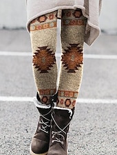 billige -Dame Leggings Årgang Mote Gatemote Full lengde Høy Midje Grafisk Geometrisk mønster Printer Hold Varm Myk Pustende Elastisk utendørs Feriereise Gate Gul Blå Brun Kakifarget Vår Høst Vinter