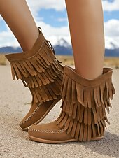 levne Cowboy &amp; Western Boots-Dámské mokasíny s třásněmi do půli lýtek a prošívanými detaily, ležérní westernový styl pro outdoorové a festivalové nošení
