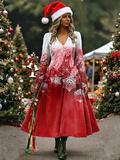 abordables Robes de Noël-Noël Femmes Robe Midi Robe trapèze Vacances Occasionnel Quotidien Coupe régulière Fleuri Graphique manche longue Col en V Jaune Rouge Bleu Vert Printemps Automne Hiver
