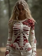 billige Grafiske mønstre og detaljer-Kvinners Genser Søtt Gateklær Løs Grafisk Skjelett Rund U-hals Patchwork Strikket Lang Erm Vanlige Topp Strikk Svart Rød Høst Vinter