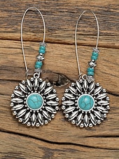voordelige Damesoorbellen-Boheemse oorbellen met bloemen en turquoise steen voor dames, vintage oorbellen van legering voor casual gebruik, op het strand en op feestjes