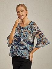 billige skjorter, topper og bluser-Dame Paisly Avslappet Blå Paisley 3/4 Erme Elegant Fritid hverdag Crew-hals Rund Sommer Vår Høst