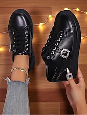 cheap Women's Sneakers-Women's Silver Metallic Lace-Up Sneakers with Rhinestone Buckle - Fashion Casual Shoes for Nightlife Parties and Club Outfits