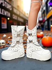 levne Pro ženy-Dámské gotické kozačky na platformě do poloviny lýtek, punk rock, nýtový řetízek, černobílé boty na halloweenskou párty, cosplay kostým, noční klub, streetwear a gotickou módu