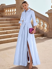 cheap Floor Length-A-Line Floor Length Shirt Dress Formal Dress Evening Gown Long Sleeve Shirt Collar Elegant Formal Satin Mother of the Bride Dress with Slit