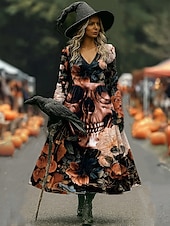tanie Strój na Halloween-Halloween Damskie Sukienka midi Sukienka A line Urlop Codzienny Codzienny Regularny Kwiaty Graficzny Hokus Pokus Długi rękaw W serek Czarny Czerwony Brązowy Wiosna Jesień