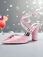 cheap Cocktail-Women&#039;s Blue Satin Block Heel Pumps with Pearl Detail and Ankle Strap - Elegant Pointed Toe Shoes for Formal Occasions and Cocktail Parties