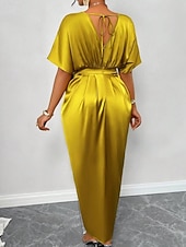 abordables Robe de cocktail-Femmes Robe Longue Maxi Robe Robe de Soirée Robe de Cocktail Robe en Satin Élégant Moderne Soirée Coupe régulière Uni Manche Courte Col en V Noir Jaune Bleu Roi Vert foncé Automne Hiver