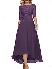 abordables Longueur de cheville-Robe A-Line mère de la mariée invitée de mariage formelle élégante col rond longueur de sol en chiffon à demi-manches avec couleur unie
