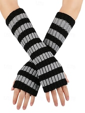 abordables Accessoires de Noël-Gants sans doigts à rayures de Noël pour femmes - tricot doux, rayures rouges et blanches, parfaits pour les fêtes de fin d&#039;année et les festivités hivernales