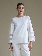 economico Bluse e camicie-elegante top da donna in modal bianco con maniche in chiffon trasparente, elegante, leggero, comodo, per tutti i giorni, lavoro, sera, autunno