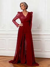 abordables Combinaisons pour maman-Combinaisons Robe de Mère de Mariée  Élégant Éclat &amp; Brillance Col en V Longueur au sol Chiffon manche longue avec Ceinture / Ruban Paillettes