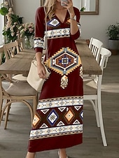 preiswerte Blumenkleider-Damen Maxikleid A Linie Kleid Lässig Täglich Lässiger Schnitt Blumen Langarm V Ausschnitt Gelb Wein Rote Blau Frühling Herbst