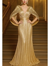 voordelige Zeemeermin Avondjurken-Gouden Sequin A-Lijn Avondjurk Elegante Jurk Formele Bruiloft Vloerlengte Korte Mouwen V-Hals Capes Lurex Stof met Plooien