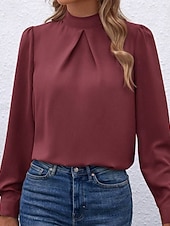 Χαμηλού Κόστους Επίσημες Μπλούζες-Γυναικεία Πουκάμισο Κομψή Φιλάρεσκος Σατέν Μπλούζα Συμπαγές Χρώμα Στυλάτο Καθημερινό Μακρυμάνικο Ζιβάγκο Κανονικά μπλουζάκια Καθημερινά Εξόδου Μαύρο Κίτρινο Πράσινο Ανοικτό Ρουμπίνι Βυσσινί