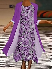 tanie Sukienka boho-Damskie Zestaw sukienek Sukienka maxi Sukienka A line Codzienny Graficzny Plemienny Nadruk Sukienka midi Rękaw 3/4 Półgolf Codzienny Niebieski Fioletowy Zielony Lato Wiosna Regularny