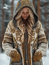 billiga Koftor &amp; Ytterkläder-viking boho damkofta vintage vardag etnisk stil geometrisk färg tonad ribbad huva fickor knappar tryck långärmad långa toppar stickad utomhus helg gul blå höst vinter