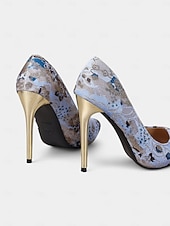 olcso Stiletto sarkú cipők-női kék virágmintás jacquard tűsarkú cipő - elegáns hegyes orrú, fémes arany sarokkal mindennapi viseletre, koktélpartikra és esti rendezvényekre
