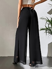baratos perna larga e cintura alta-Mulheres Perna larga chinês Moda Roupa de rua Básico Comprimento total Cintura Alta Tecido Cintura elástica Confortável Macio Com Stretch Ao ar livre Rua Casual Marron Escuro Vinho Preto Branco Verão
