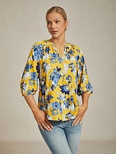  Dámské Žena Košile pro volný čas Květiny Ležérní Trička Žlutá Květinový 3/4 rukáv prázdniny Do V