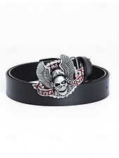 abordables Accessoires d&#039;Halloween-Ceinture en cuir véritable pour homme, motif Halloween, avec boucle tête de mort et aigle – Accessoire style motard gothique punk rock pour fêtes et festivals