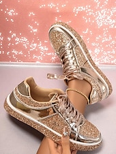 billiga Damsneakers-Damsneakers med guldfärgad glitter – glänsande snörskor med glittrig design för nattliv, klubbar och fester