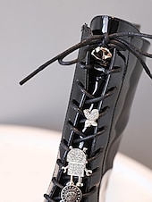 olcso Gyerekbakancsok-Koreai idol ihlette popsztár jelmezcipő, lányka fekete lakkbőr fűzős, térdig érő csizma oldalsó cipzárral, táncelőadásokhoz és színpadi ruhákhoz